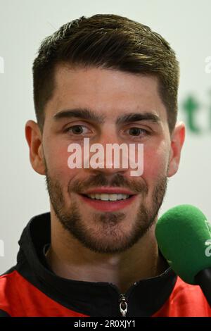 Duesseldorf, Germania. 10th maggio, 2023. Patrick Franziska risponde alle domande dei giornalisti. I Campionati Mondiali individuali 2023 si terranno a Durban, Sud Africa, dal 20 al 28 maggio. Credit: Federico Gambarini/dpa/Alamy Live News Foto Stock