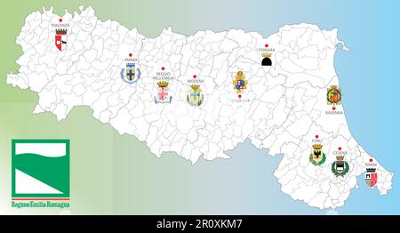 Regione Emilia Romagna, Italia, mappa della regione con i confini, le città e gli stemmi dei capitelli provinciali, illustrazione vettoriale Illustrazione Vettoriale