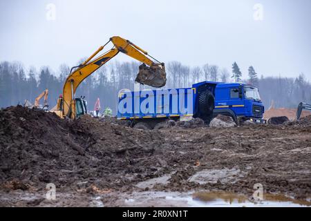 Ust-Luga, Leningrado oblast, Russia - 16 novembre 2021: Groundwjrks, escavatore carica dumper Foto Stock