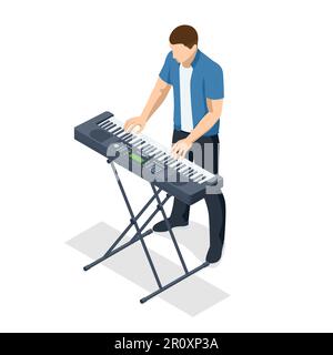 Sintetizzatore isometrico. Sintetizzatore suono analogico uomo che suona il pianoforte digitale Illustrazione Vettoriale