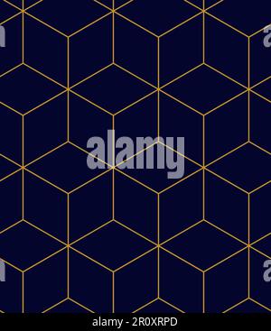 Sfondo astratto con motivi geometrici a trama esagonale e triangolare. Linee di griglia senza cuciture blu e oro. Semplice modello minimalista. Illustrazione Vettoriale