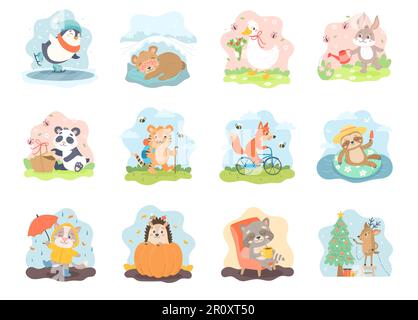 Animali carini in diverse scene stagionali. Set per calendario o carte, animali carini, mano disegnata vettore illustrazioni collezione Illustrazione Vettoriale