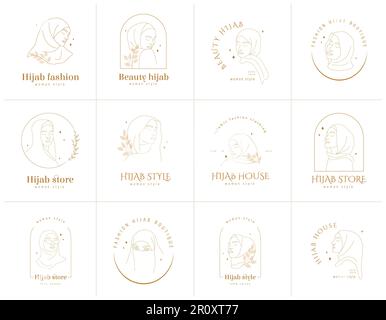 Set di loghi per negozi Hijab. Ritratti femminili lineari ad occhi chiusi. Illustrazione vettoriale in uno stile di linea. Negozio di abbigliamento donna araba Illustrazione Vettoriale