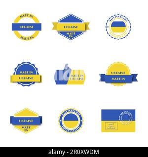 Set di varie etichette made in Ucraina isolate su sfondo bianco, illustrazione vettoriale. Illustrazione Vettoriale