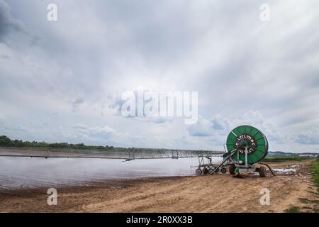 Zhukovskiy, provincia di Mosca - 20 giugno 2022: Sistema di irrigazione Irrimec sui campi agricoli. Cielo grigio, nuvole Foto Stock