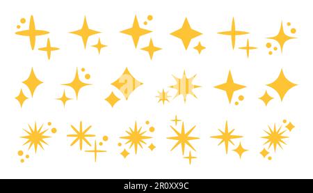 Set di scintille gialle, stelle scintillanti vettoriali, lampi luminosi di fuochi d'artificio. Set di elementi a stella di varie forme. Illustrazione Vettoriale