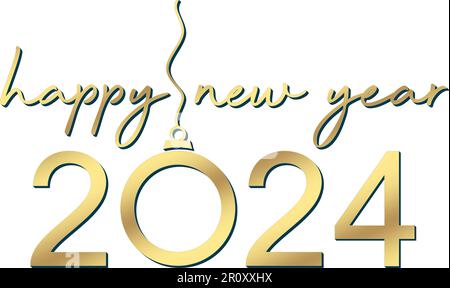 Felice anno nuovo 2024. Scritta calligrafica a mano dorata su sfondo bianco. Auguri di Capodanno con bauble come vettore ornamento. Illustrazione Vettoriale