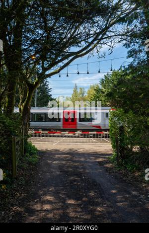 Traversata rurale a livello ferroviario incorniciata da alberi. Passaggio di Church Lane a Margaretting, Essex, Regno Unito con il treno Greater Anglia. Cancelli di attraversamento chiusi Foto Stock