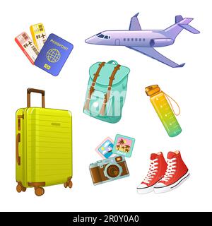 Set di illustrazioni vettoriali di accessori per viaggi e turismo. Zaino, valigia, passaporto, macchina fotografica, aereo, bottiglia, sneakers Illustrazione Vettoriale