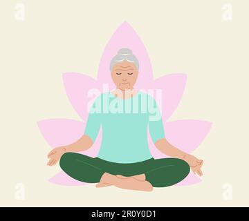 Illustrazione vettore di recupero della salute mentale della donna anziana. Sollievo psichico anziana donna che fa meditazione. Donna matura auto cura disegno piano Illustrazione Vettoriale