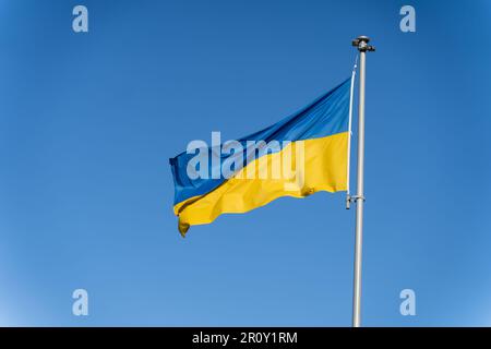 Bandiera Ucraina blu-gialla vola sullo sfondo del cielo azzurro. Foto Stock