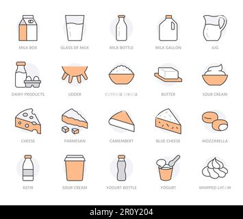 Set di icone della linea di prodotti lattiero-caseari. Caraffa, kefir, uova, mammelle di mucca, formaggio di ricotta, bottiglia, yogurt, cheddar illustrazione vettoriale minima. Semplice simbolo di contorno Illustrazione Vettoriale