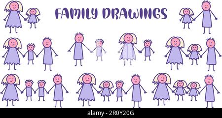 Set di bambini doodle con diversi disegni di famiglia. Mamma, papà e figli, figlio e figlia. Illustrazione di un vettore a famiglia intera o a famiglia singola. Illustrazione Vettoriale