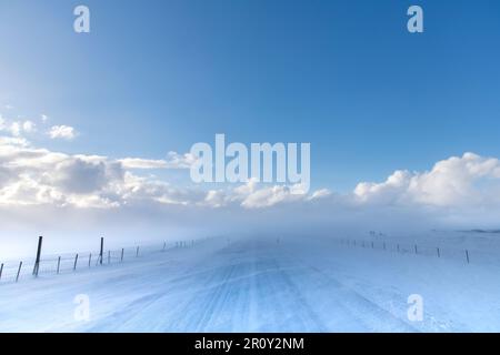 Vista sulla neve coperta attraverso il paesaggio agricolo innevato con alti venti che soffiano la neve sulla strada in Islanda con nubi di neve in distanza che dà il passo Foto Stock
