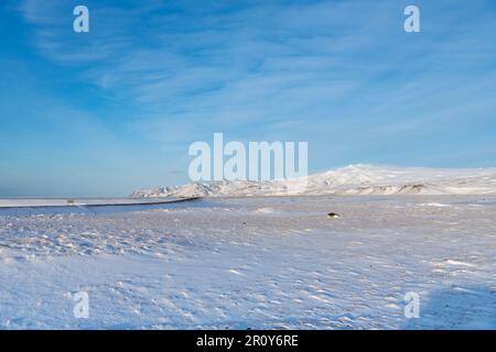 Vista sul paesaggio vulcanico piatto innevato con montagne sullo sfondo vicino al ghiacciaio Eyjafjallajokull e al vulcano nell'agai meridionale dell'Islanda Foto Stock