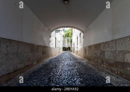 Vista su una stretta strada ad arco di ciottoli sotto case storiche residenziali a Lisbona, Portogallo, con alcune case, scooter e alberi visibili alla fine Foto Stock