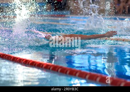 un nuotatore ondeggia le braccia in acqua mentre si esegue una farfalla in una sessione di allenamento in piscina, sfocata messa a fuoco Foto Stock