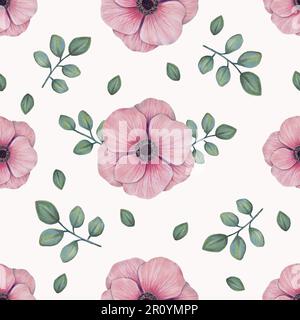 Fiori di anemone rosa, foglie. Sfondo floreale, motivo senza cuciture. Dipinto a mano con acquerelli e pennarelli. Carta da parati di lusso, tessuto, poster, carta. Foto Stock