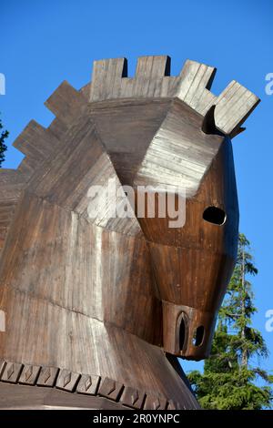 Monumento in legno del cavallo di Troia, rovine a Troia, città antica e sito archeologico situato a Hisarlik, Turchia Foto Stock