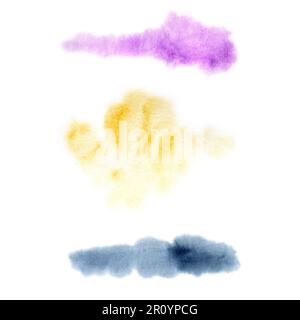 Acquerello indaco, viola e beige spruzzi su sfondo bianco. Grunge inchiostro macchia e goccia. Foto Stock