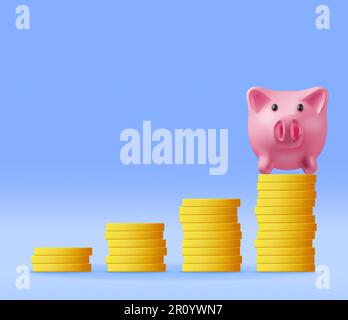 3D Piggy Bank e crescente Stack di monete Illustrazione Vettoriale