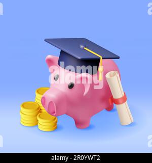 3D Banca Piggy con tappo di laurea, diploma, monete Illustrazione Vettoriale