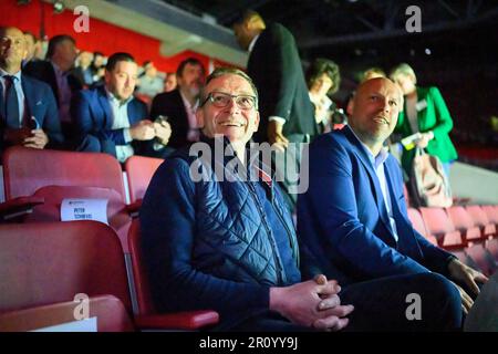 Allenatore/allenatore federale Alfred GISLASON (GER), r. Axel KROMER (DHB, direttore sportivo). Pallamano, pareggio per il Campionato europeo 2024, il 10th maggio 2023 a Duesseldorf/Germania. Foto Stock