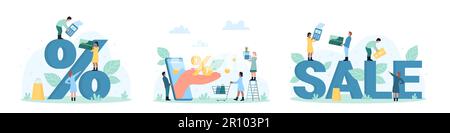 Shop illustrazione vettoriale set di vendita. Cartoon persone minuscola che detengono il terminale POS, carta di credito e buono sconto vicino alla parola di vendita, mano dallo schermo del telefono che dà la percentuale di sconto ai clienti Illustrazione Vettoriale