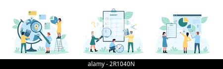 Illustrazione vettoriale del set di sociologia. Cartoon persone piccole guardare attraverso lente di ingrandimento ai risultati del sondaggio, sociologi ricerca società, analizzare grafici di relazione sociologica e la posizione sul globo Illustrazione Vettoriale