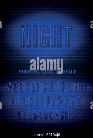 Segno di notte e carattere grassetto al neon blu stretto con numeri su sfondo vettoriale muro di mattoni scuri. Luce notturna profonda effetto luce extra Illustrazione Vettoriale