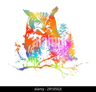 ritratto grafico colorato di un gufo nella foresta. Alberi di astrazione e gufo. Stampa per t-shirt o tatuaggio, stile graffiti. Illustrazione vettoriale Illustrazione Vettoriale