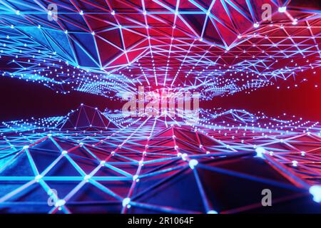 Griglie triangolari geometriche che formano il soffitto e il pavimento illuminati da luci al neon blu e rosse. Elemento di disegno per gli sfondi di disegno di fotoricettore Foto Stock