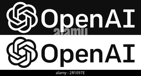 Logo OpenAI. Il design può essere utilizzato per applicazioni Web e mobili. Versione bicolore su sfondo bianco e nero Illustrazione Vettoriale