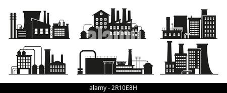 Set vettoriale di Manufactury, Factory e Plants. Edifici commerciali. Raffineria di petrolio. Illustrazione Vettoriale