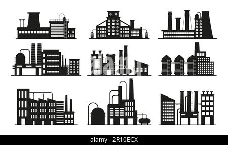 Set vettoriale di Manufactury, Factory e Plants. Edifici commerciali. Raffineria di petrolio. Illustrazione Vettoriale