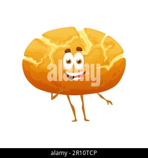 Cartoon portoghese panificio di mais carattere, vettoriale panetteria e pasticceria con il volto. Simpatico pane divertente dal Portogallo o Broa de Milho di farina di mais, World cuisine pane emoji o comic emoticon Illustrazione Vettoriale