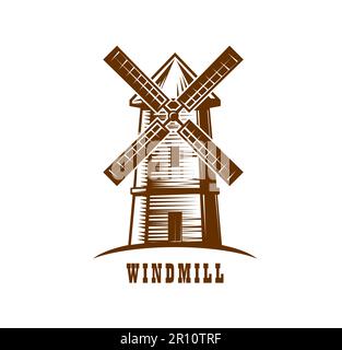 Emblema del mulino a vento. Azienda agricola, panetteria o panificio, abbozzo di grano fattoria simbolo vettore di campagna vecchio mulino a vento. Negozio di alimentari biologici o mercato emblema inciso o icona con mulino villaggio Illustrazione Vettoriale
