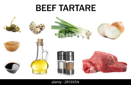 Preparati con diversi ingredienti freschi per gustose tartare di manzo su sfondo bianco Foto Stock