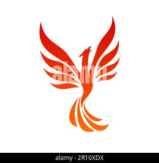 Phoenix uccello icona di firebird su ali di fuoco, vettore di volo aquila o falco in fiamme. Phoenix firebird con ali sparse, insegna di lusso, etichetta o emblema per aziende o marchi premium Illustrazione Vettoriale