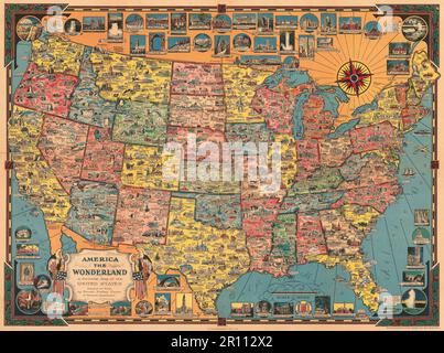 America il paese delle meraviglie : Una mappa pittorica degli Stati Uniti 1954 Foto Stock