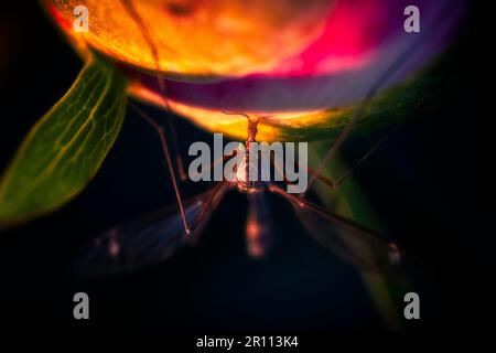 Una gru a mosca (cranefly) sorsegge il nettare dal germoglio di fiore ingrandito di un arbusto di peonia durante l'ora di luce dorata. Questa è una vista di primavera comune. Foto Stock
