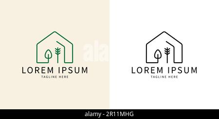 Casa e albero semplice logo. Stile del logo di linea. Branding stile di vita organico. disegno semplice vettore modificabile Illustrazione Vettoriale