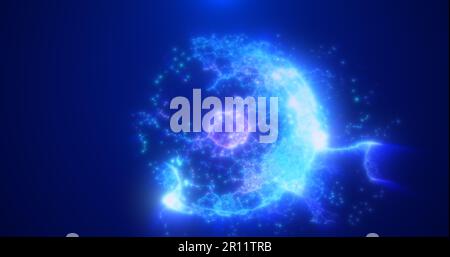 Sfera rotonda astratta blu e viola fatta di particelle volanti che illuminano energia scientifica futuristica molecola atomo hi-tech sfondo. Foto Stock