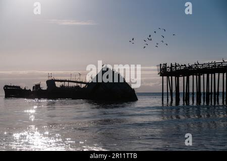 Silhoutte della SS Palo Alto, un vecchio naufragio della seconda guerra mondiale al largo della costa di Aptos, California Foto Stock