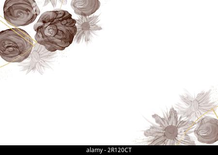 Cornice di sfondo con texture in stile acquerello. Inchiostro alcolico arte fiori marrone e motivo geometrico dorato Foto Stock