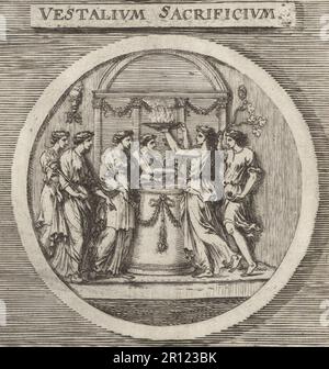 Vergini fare un sacrificio su un altare alla dea romana Vesta. Le sacerdotesse in corone di alloro portano una torcia e un piatto di fiamme. Altri Vestals suonano musica su rami di lira e di onda. Vestalium sacrificium. Incisione su copperplate dopo un'illustrazione di Joachim von Sandrart dalla sua Academia Todesca, della architettura, scultura & Pittura, oder Teutsche Academie, der Edlen Bau- Bild- und Mahlerey-Kunste, Accademia tedesca di architettura, scultura e pittura, Jacob von Sandrart, Norimberga, 1675. Foto Stock