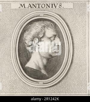 Marco Antonius, politico e generale romano, 83-30 a.C., comunemente conosciuto in inglese come Marco Antony. Amante di Cleopatra. Antonius. Incisione su copperplate dopo un'illustrazione di Joachim von Sandrart dalla sua Academia Todesca, della architettura, scultura & Pittura, oder Teutsche Academie, der Edlen Bau- Bild- und Mahlerey-Kunste, Accademia tedesca di architettura, scultura e pittura, Jacob von Sandrart, Norimberga, 1675. Foto Stock