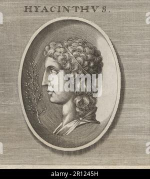 Iacinto o Iacinto, eroe divino gentile e intelligente e amante di Apollo dalla mitologia greca. Incisione su copperplate dopo un'illustrazione di Joachim von Sandrart dalla sua Academia Todesca, della architettura, scultura & Pittura, oder Teutsche Academie, der Edlen Bau- Bild- und Mahlerey-Kunste, Accademia tedesca di architettura, scultura e pittura, Jacob von Sandrart, Norimberga, 1675. Foto Stock