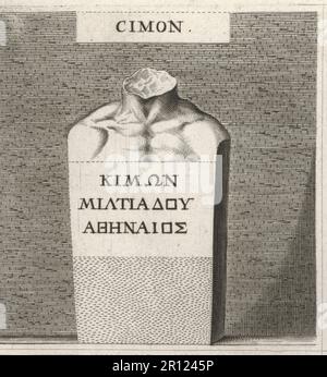 Cimon, politico ateniese e strategos (generale e ammiraglio), figlio di Miltiades e della principessa trace Hedesipyle, c.510-450 a.C. Busto con testa distrutta, incisa Kimon. Incisione su copperplate dopo un'illustrazione di Joachim von Sandrart dalla sua Academia Todesca, della architettura, scultura & Pittura, oder Teutsche Academie, der Edlen Bau- Bild- und Mahlerey-Kunste, Accademia tedesca di architettura, scultura e pittura, Jacob von Sandrart, Norimberga, 1675. Foto Stock