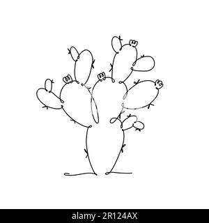 LINEA CACTUS ART. Opuntia cactus vettoriale. Disegno a linea continua per poster a stampa, cartoncino, tatuaggio autoadesivo con cactus ad orecchie conigliate. Una linea ART nero Illustrazione Vettoriale